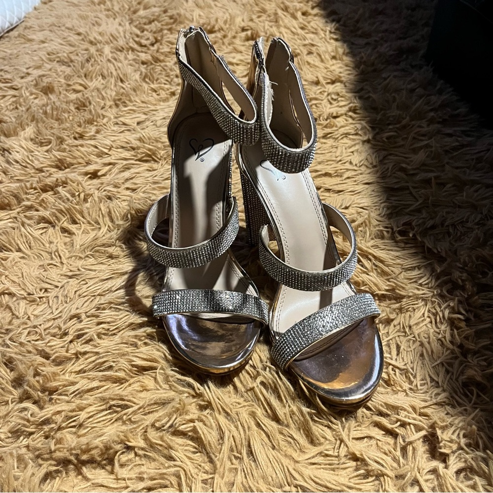 Blinged out rose gold open toe heels